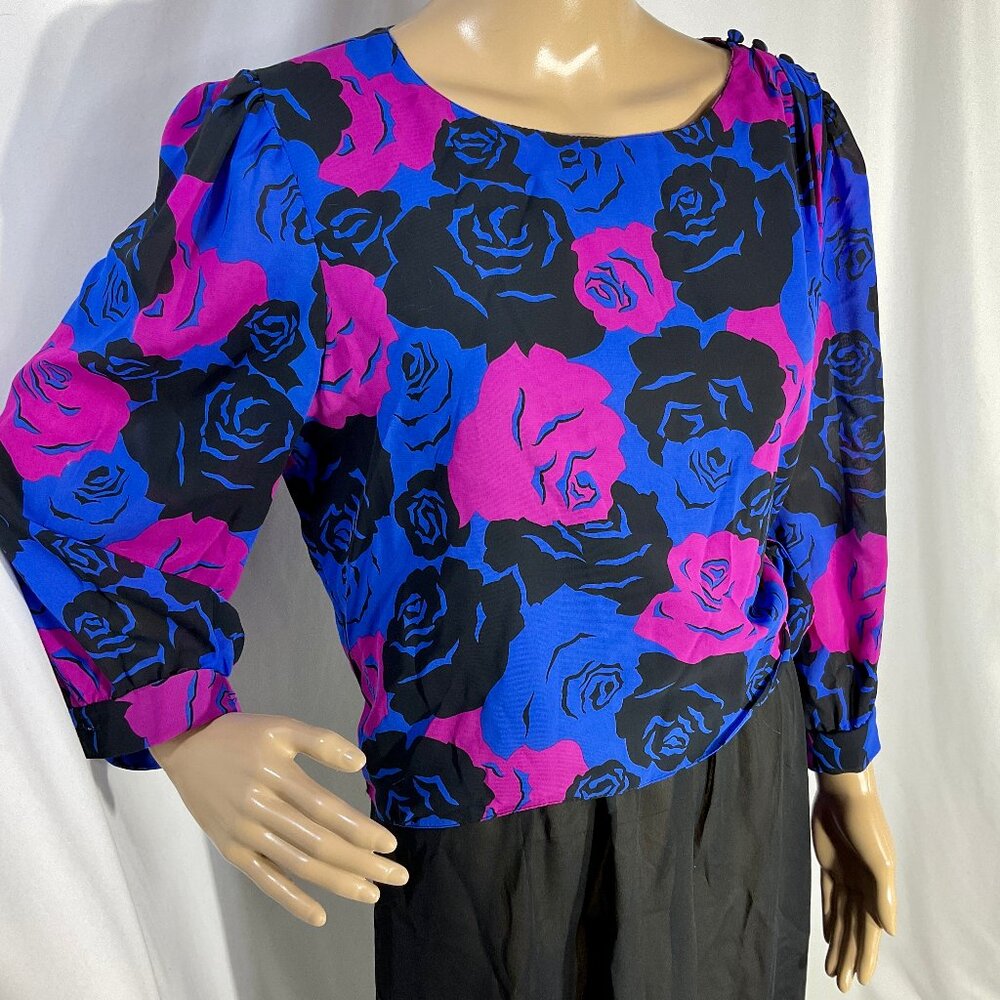 Vintage Amy-Deb Sz 16 Made in the USA Knee Length Dress Blue Pink Black Floral